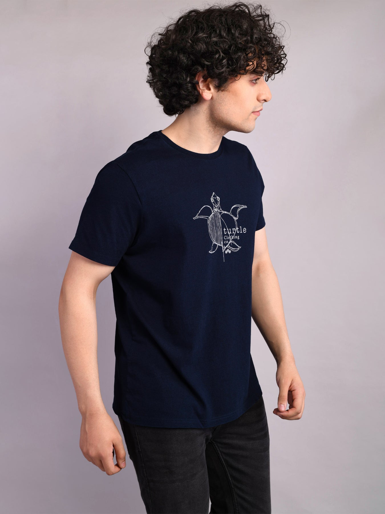 Cotton Stretch Navy Blue Printed Crew Neck Half Sleeve Casual T-Shirt