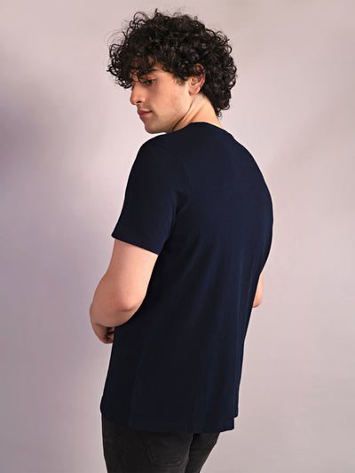 Cotton Stretch Navy Blue Printed Crew Neck Half Sleeve Casual T-Shirt