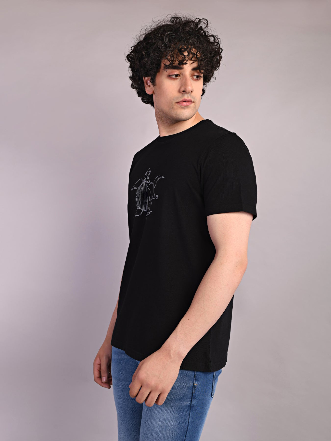 Cotton Stretch Black Printed Crew Neck Half Sleeve Casual T-Shirt