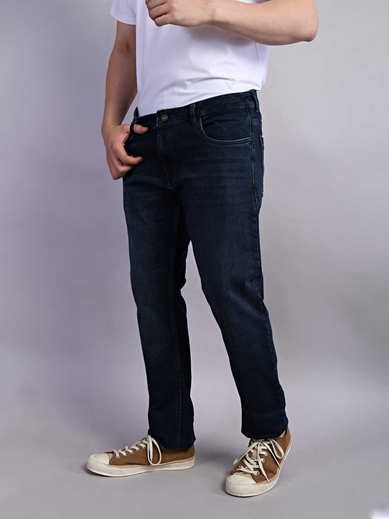 Cotton Stretch Navy Plain Straight Fit Flat Front Casual Jeans