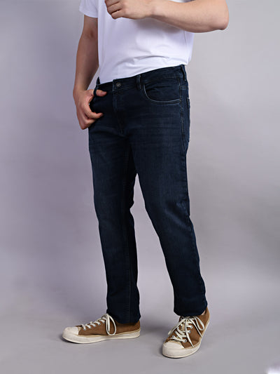 Cotton Stretch Navy Plain Straight Fit Flat Front Casual Jeans