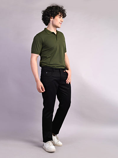 Cotton Stretch Black Plain Straight Fit Flat Front Casual Jeans