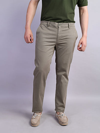 Cotton Stretch Beige Printed Ultra Slim Fit Flat Front Casual Trouser