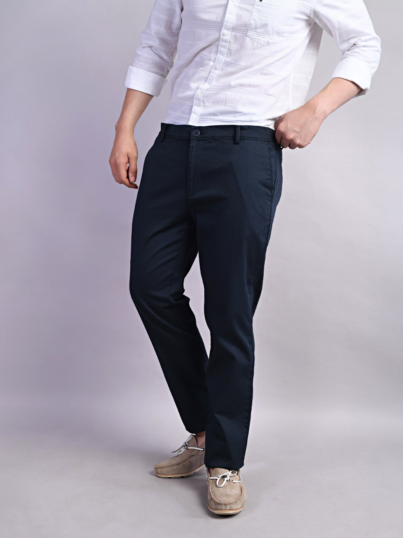 Cotton Stretch Navy Printed Ultra Slim Fit Flat Front Casual Trouser