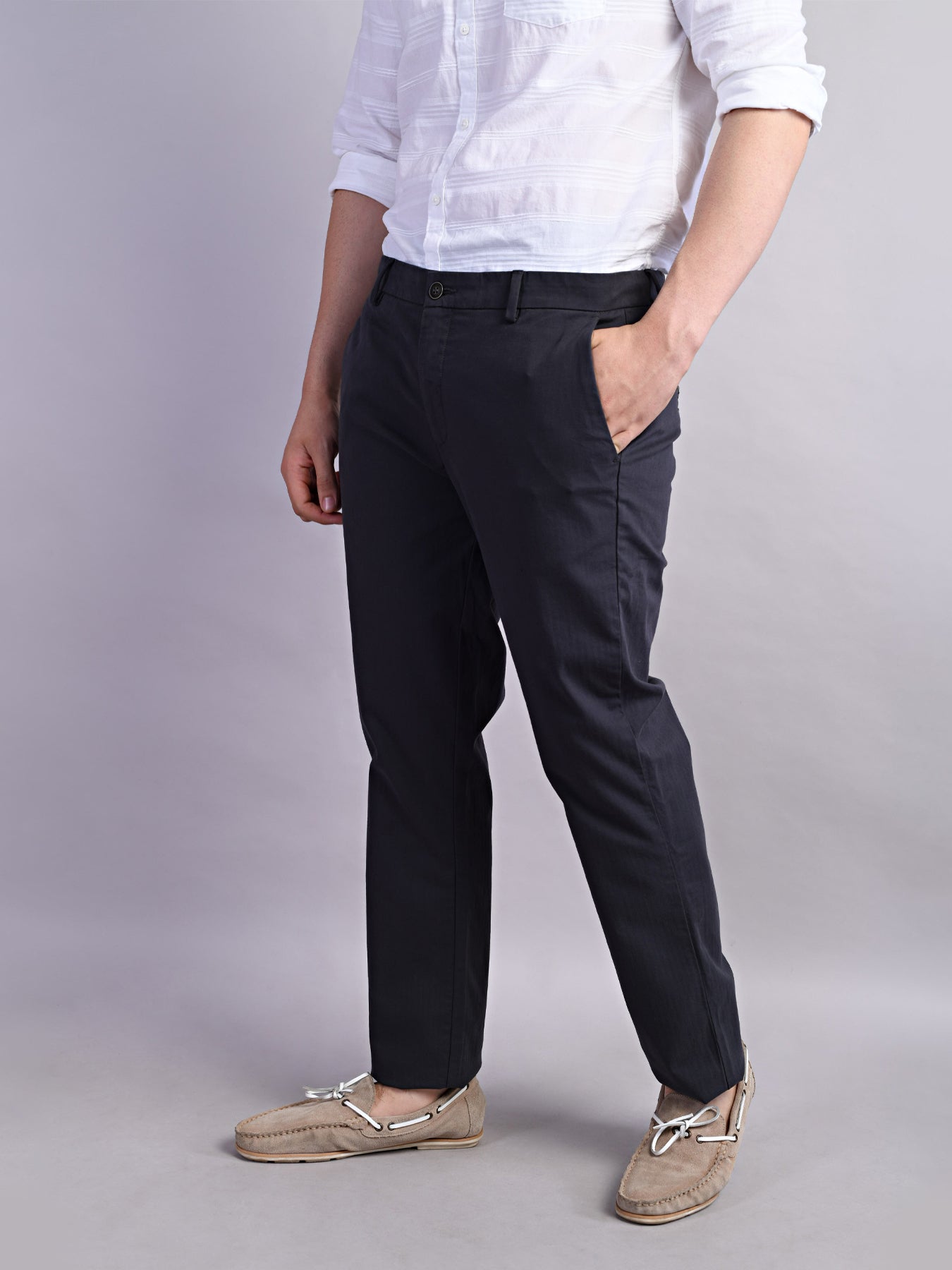 Cotton Stretch Dark Grey Plain Ultra Slim Fit Flat Front Casual Trouser