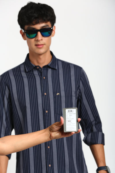 100% Cotton Navy Blue Striped Slim Fit Full Sleeve Casual Shirt