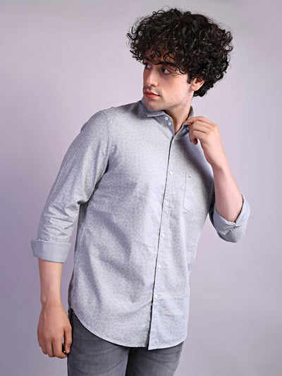 100% Cotton Grey Printed Slim Fit Full Sleeve Casual Shirt