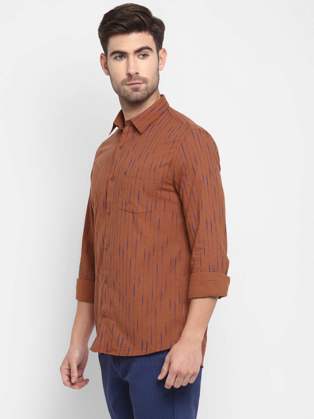 Pure Khadi Orange Striped Slim Fit Full Sleeve Casual Shirt