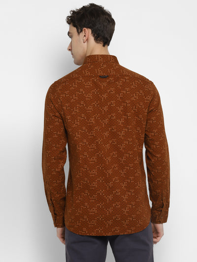 100% Cotton Brown Printed Slim Fit Full Sleeve Casual Shirt