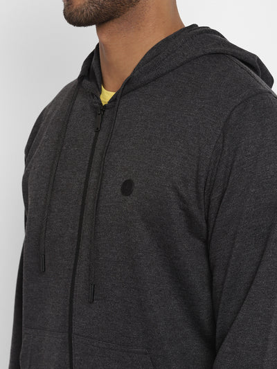 Turtle Men Essential Charcoal Melange Solid Hooded Sweatshirt