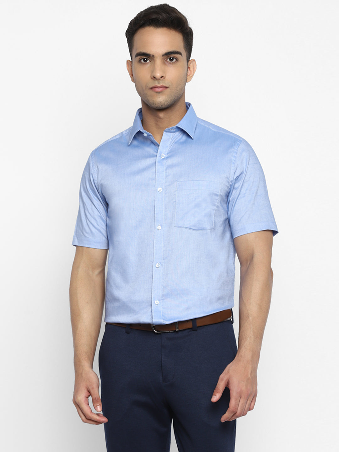 100% Cotton Sky Blue Plain Regular Fit Half Sleeve Formal Shirt