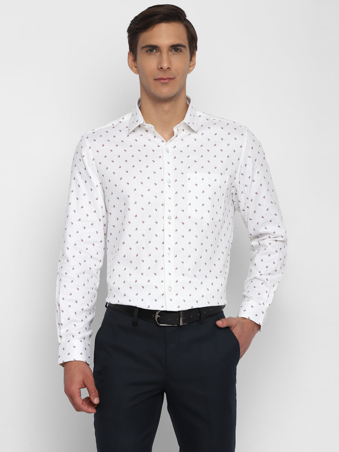 100% Cotton White Printed Regular Fit Full Sleeve Formal Shirt