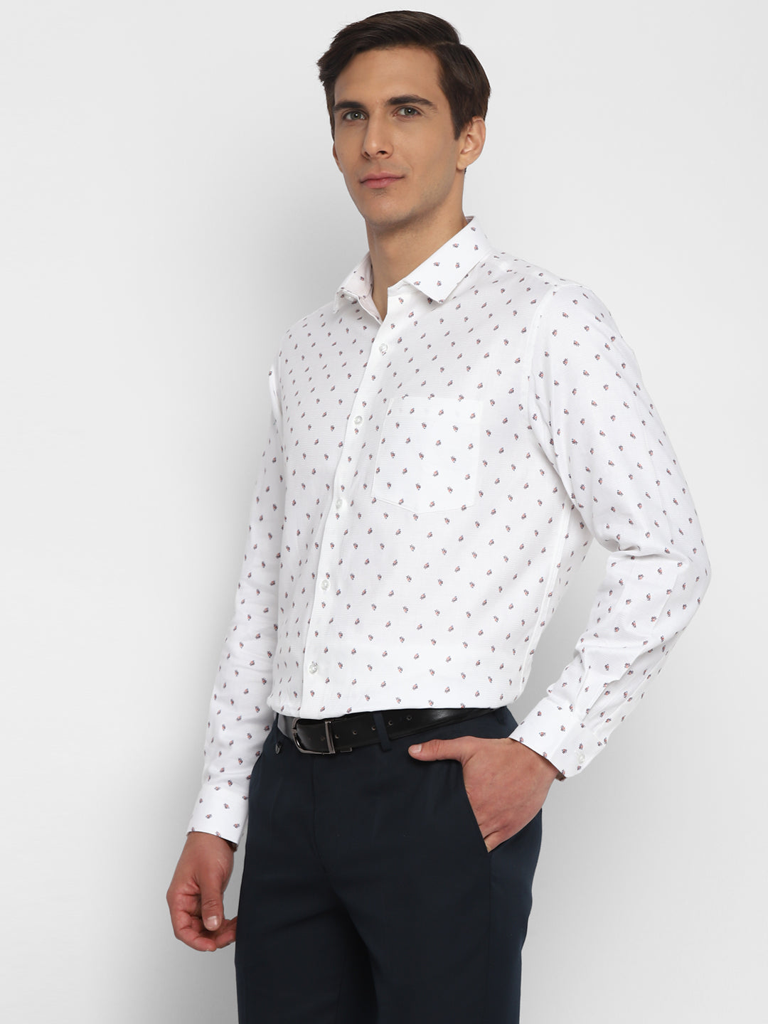 100% Cotton White Printed Regular Fit Full Sleeve Formal Shirt