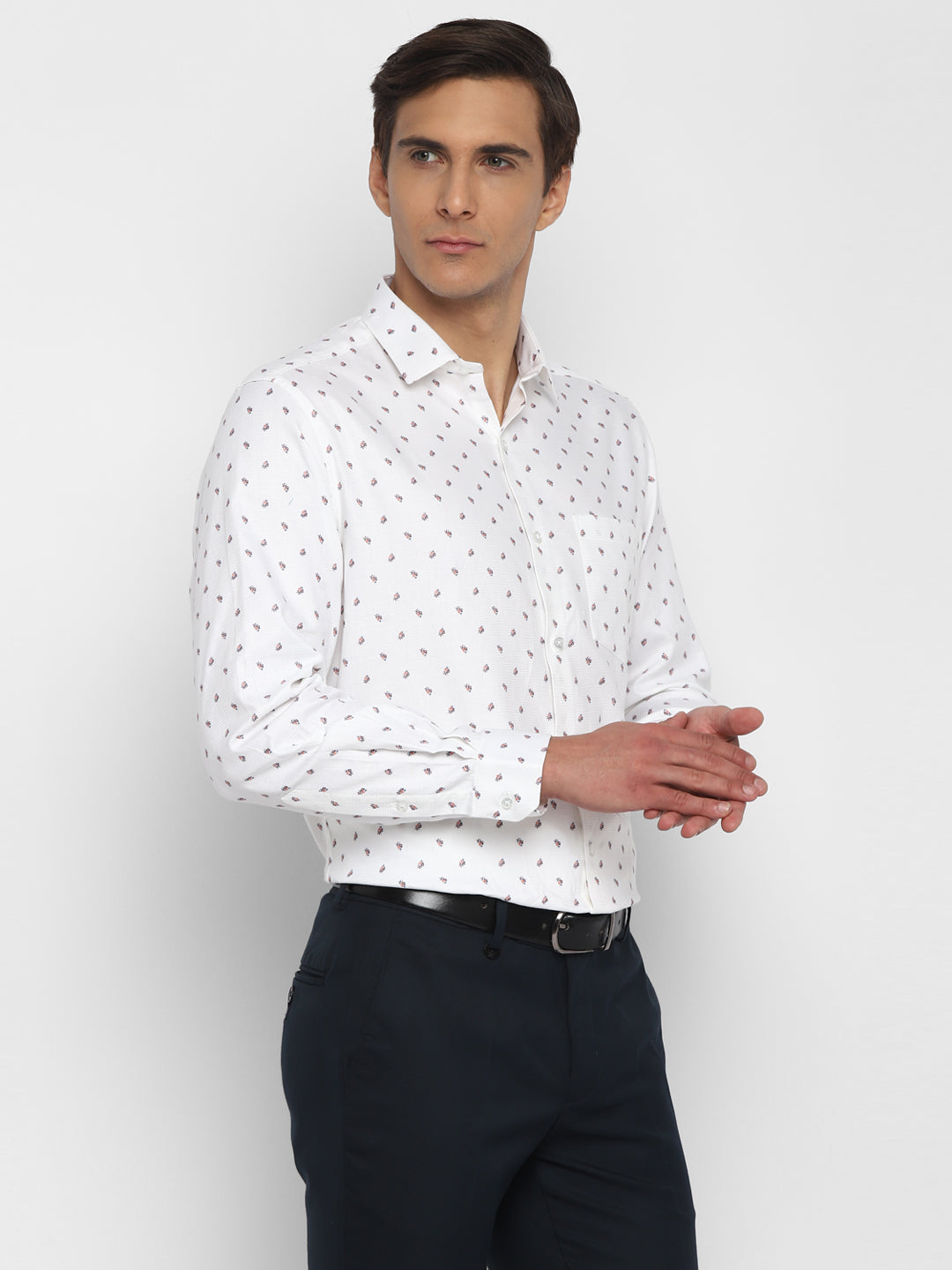 100% Cotton White Printed Regular Fit Full Sleeve Formal Shirt