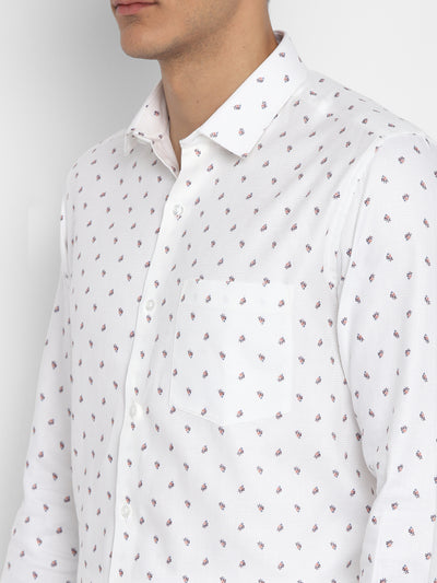 100% Cotton White Printed Regular Fit Full Sleeve Formal Shirt