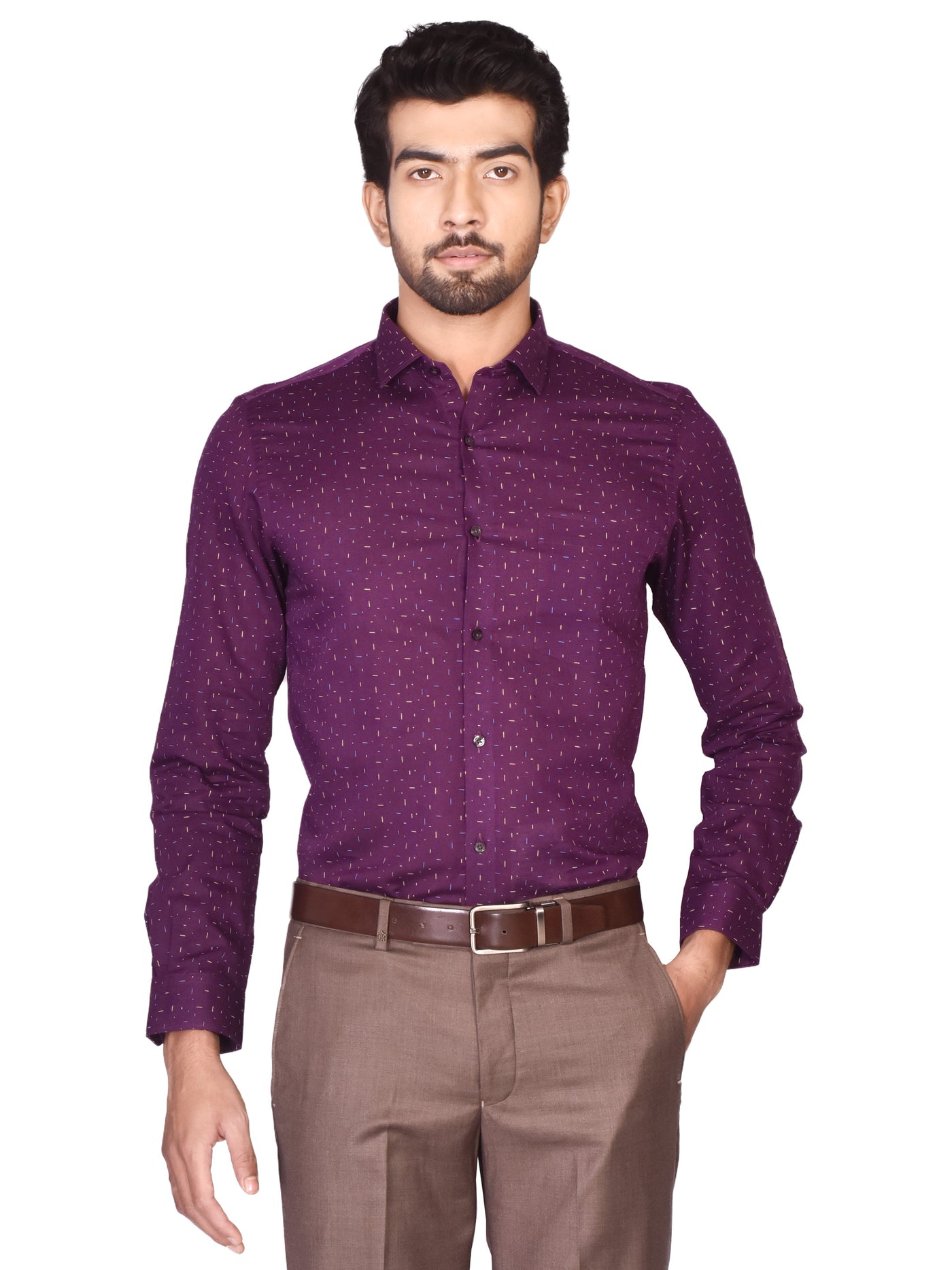Cotton Linen Purple Printed Slim Fit Full Sleeve Formal Shirt