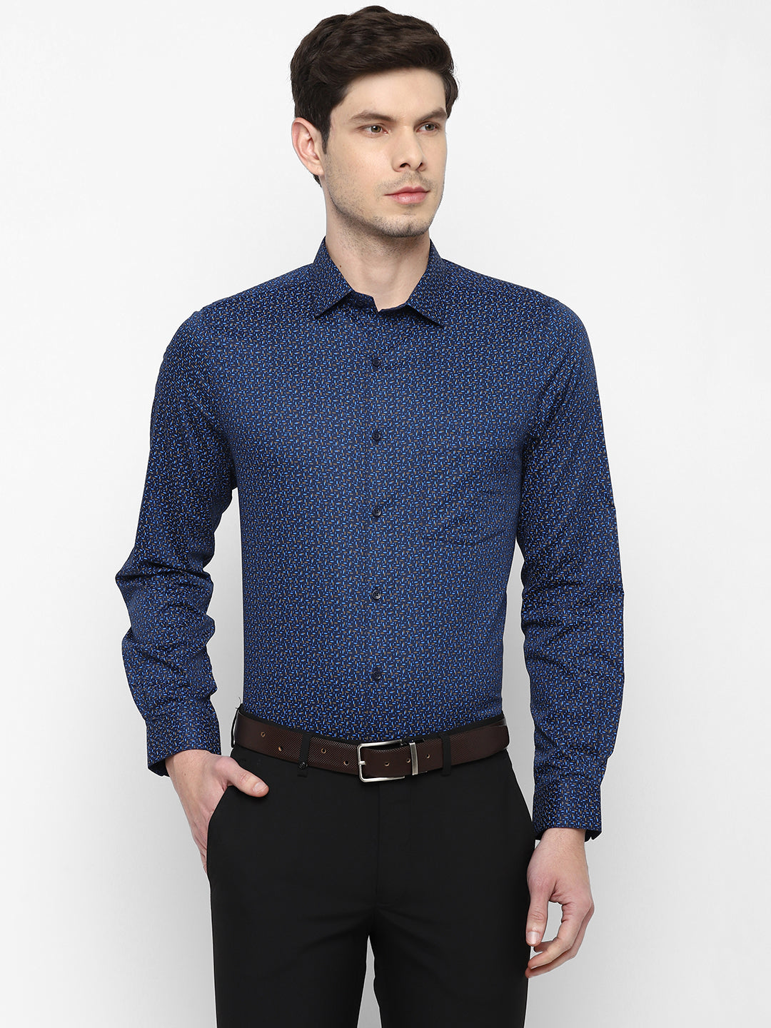 100% Cotton Navy Blue Printed Slim Fit Full Sleeve Formal Shirt