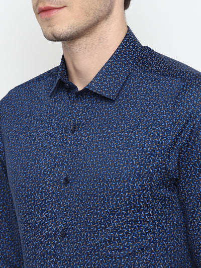 100% Cotton Navy Blue Printed Slim Fit Full Sleeve Formal Shirt