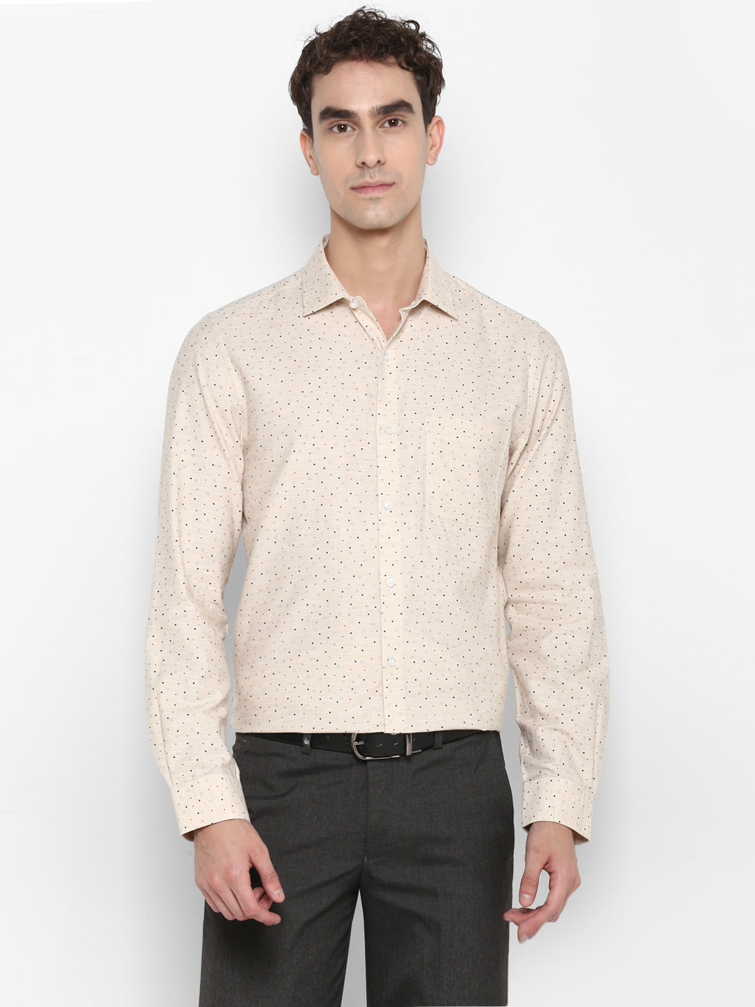 Cotton Melange Beige Printed Slim Fit Full Sleeve Formal Shirt