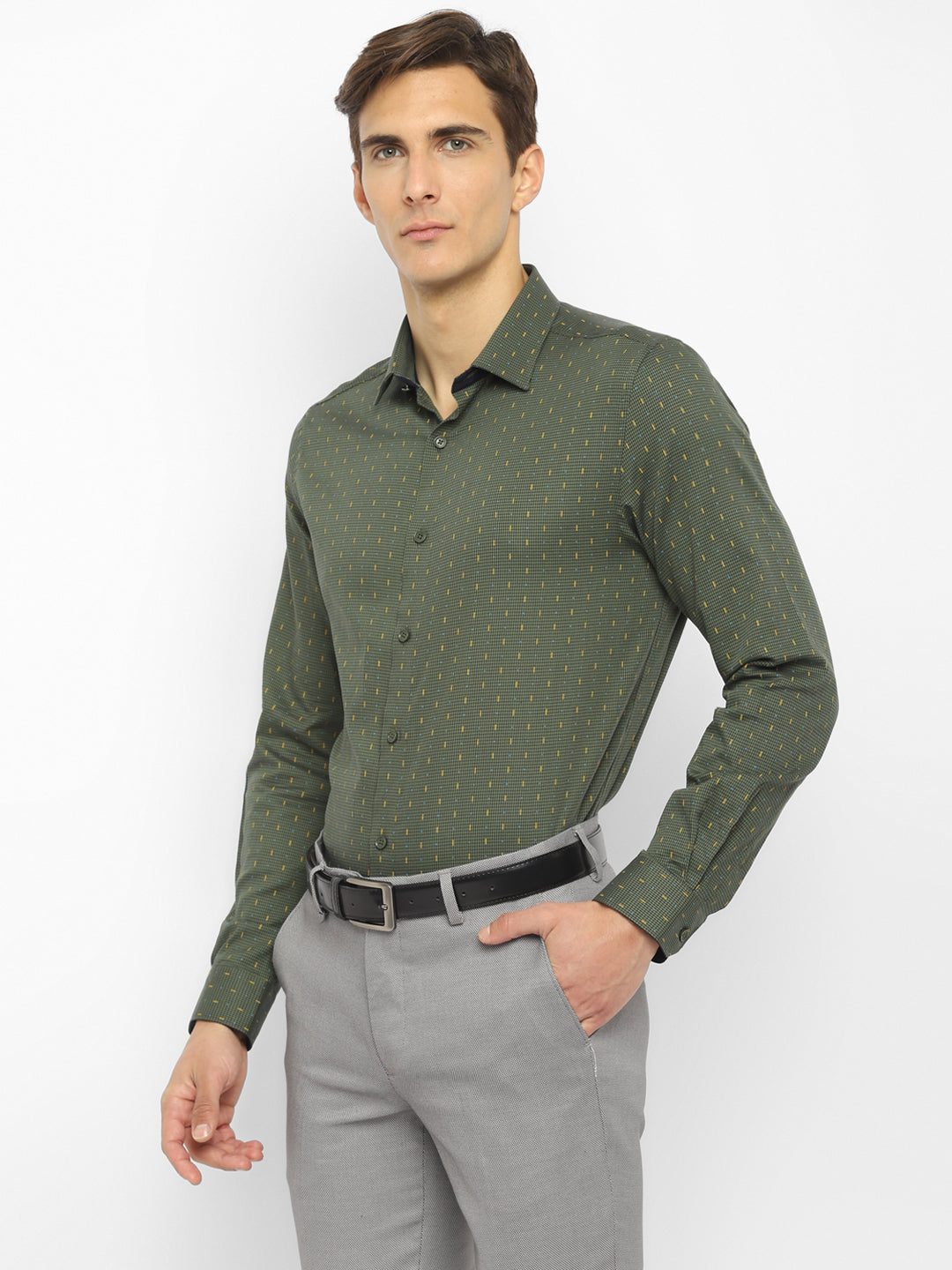 100% Cotton Olive Printed Slim Fit Full Sleeve Formal Shirt