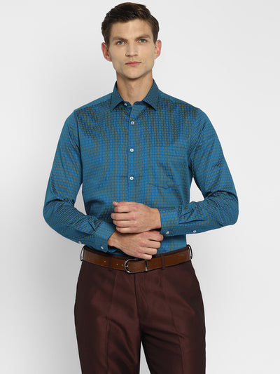 100% Cotton Teal Blue Printed Slim Fit Full Sleeve Formal Shirt