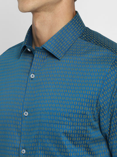 100% Cotton Teal Blue Printed Slim Fit Full Sleeve Formal Shirt
