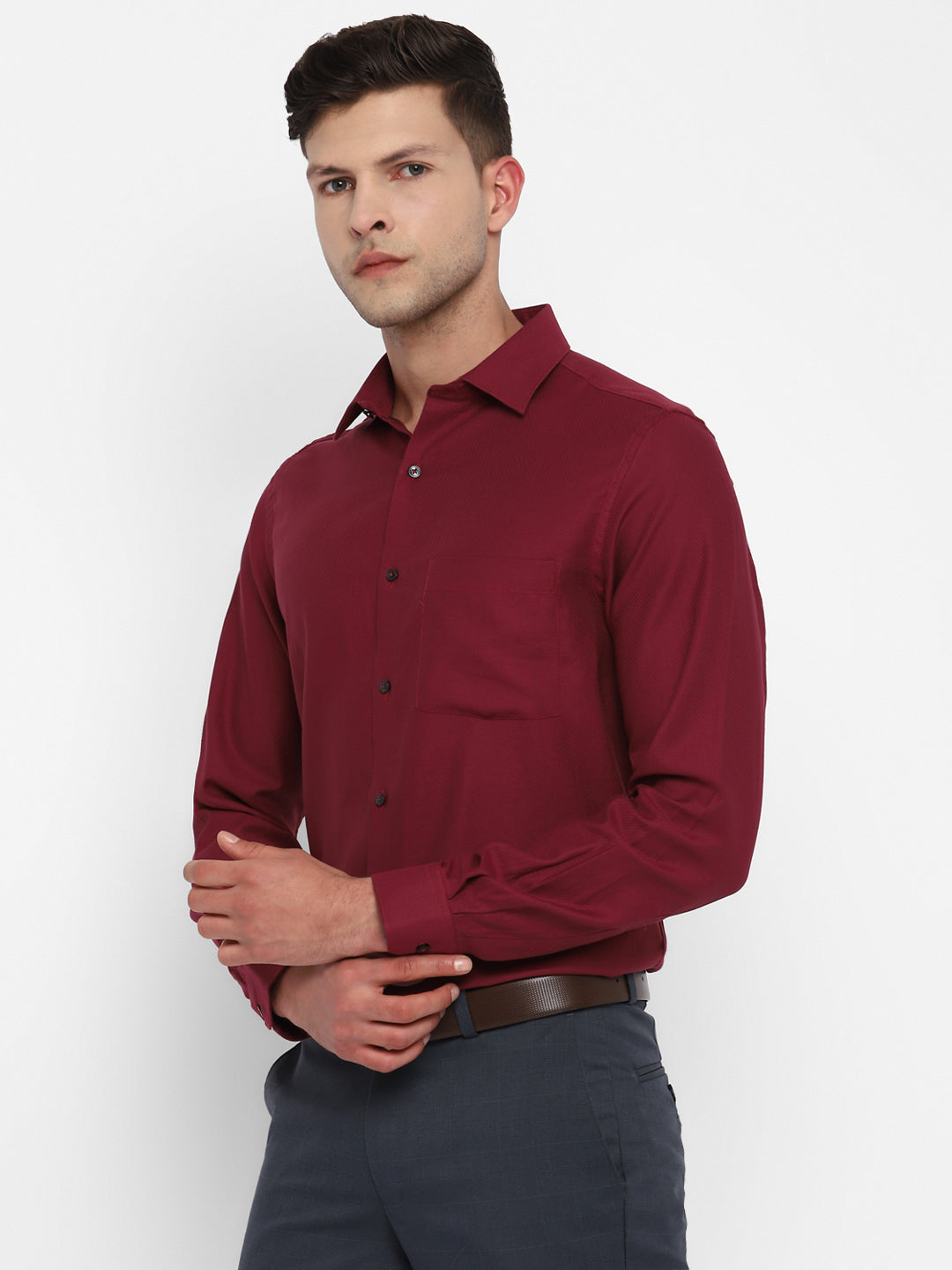 100% Cotton Maroon Dobby Slim Fit Full Sleeve Formal Shirt