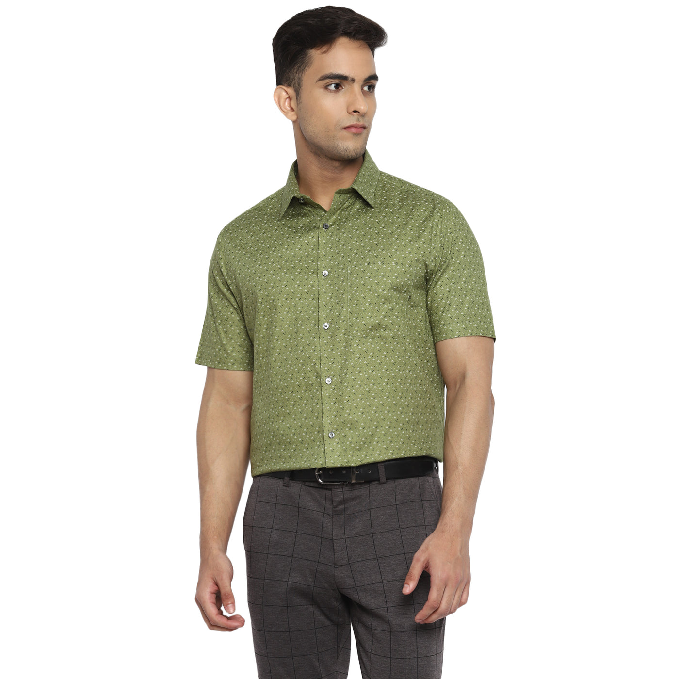 100% Cotton Green Printed Regular Fit Half Sleeve Formal Shirt