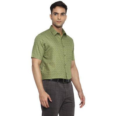 100% Cotton Green Printed Regular Fit Half Sleeve Formal Shirt