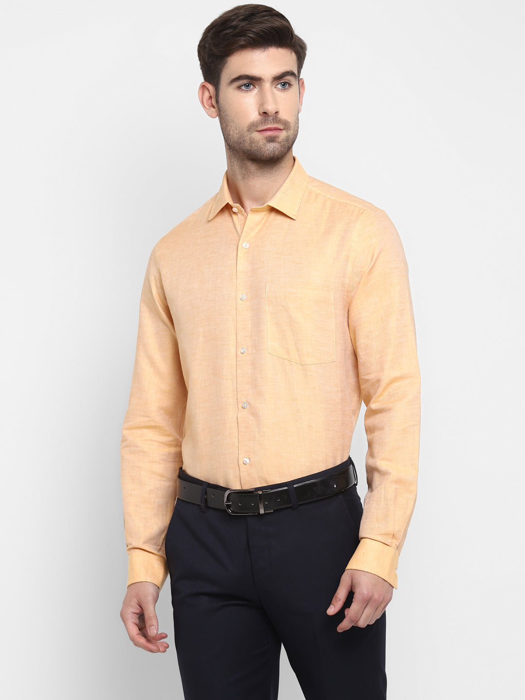 Cotton Linen Yellow Plain Slim Fit Full Sleeve Formal Shirt