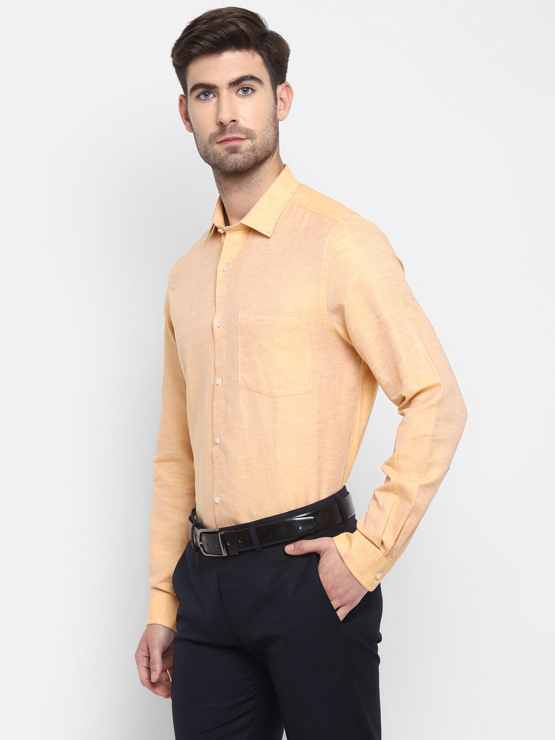 Cotton Linen Yellow Plain Slim Fit Full Sleeve Formal Shirt