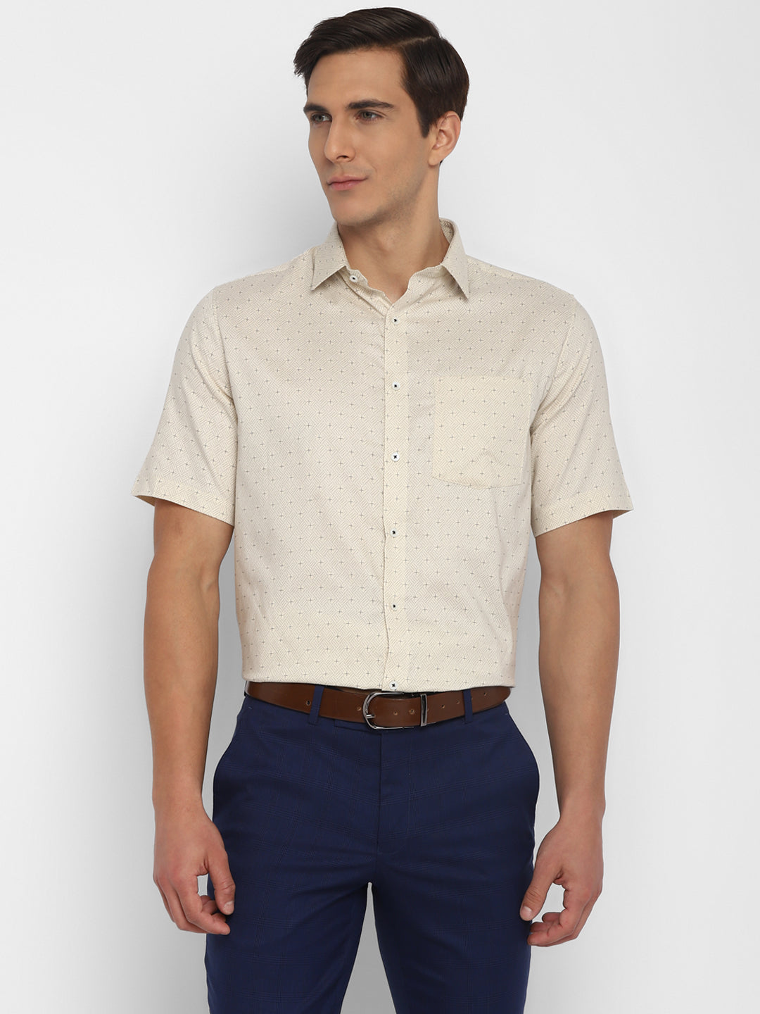 Cotton Cream Regular Fit Printed Shirt