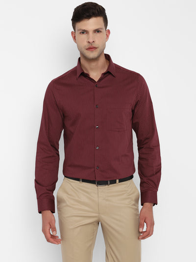 100% Cotton Maroon Striped Slim Fit Full Sleeve Formal Shirt