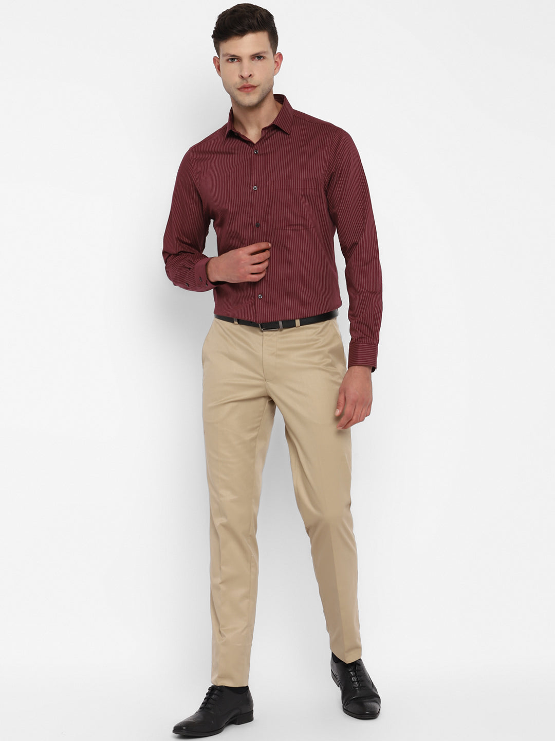 100% Cotton Maroon Striped Slim Fit Full Sleeve Formal Shirt