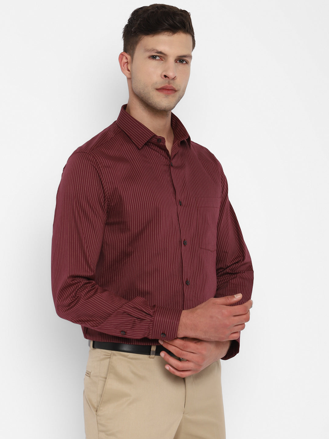 100% Cotton Maroon Striped Slim Fit Full Sleeve Formal Shirt