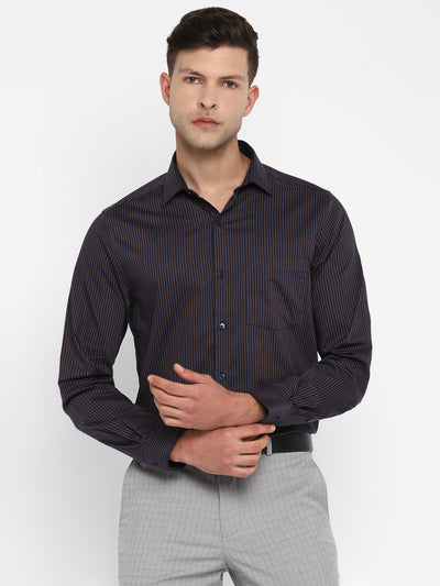 100% Cotton Navy Blue Striped Slim Fit Full Sleeve Formal Shirt