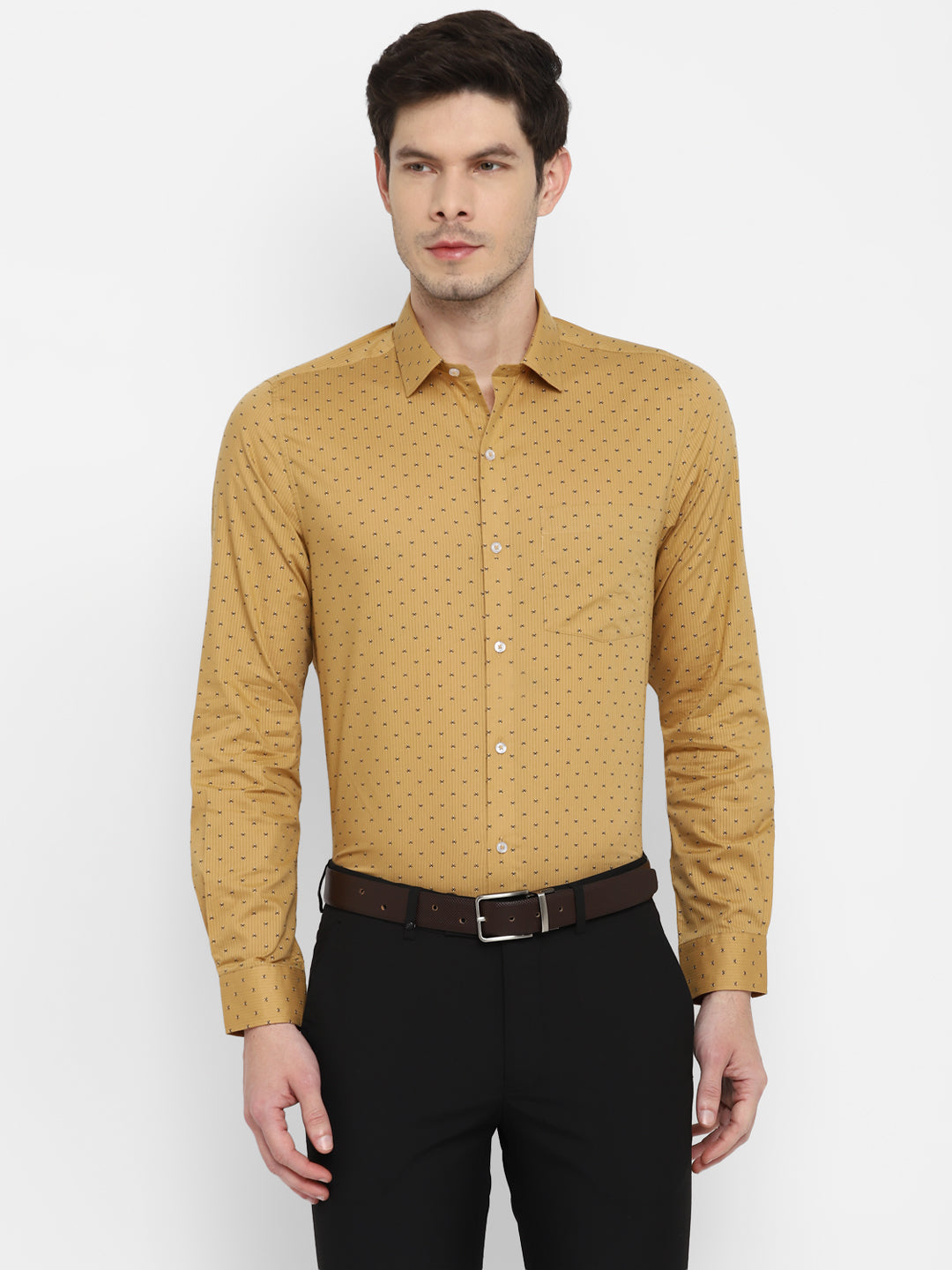 100% Cotton Khaki Printed Slim Fit Full Sleeve Formal Shirt