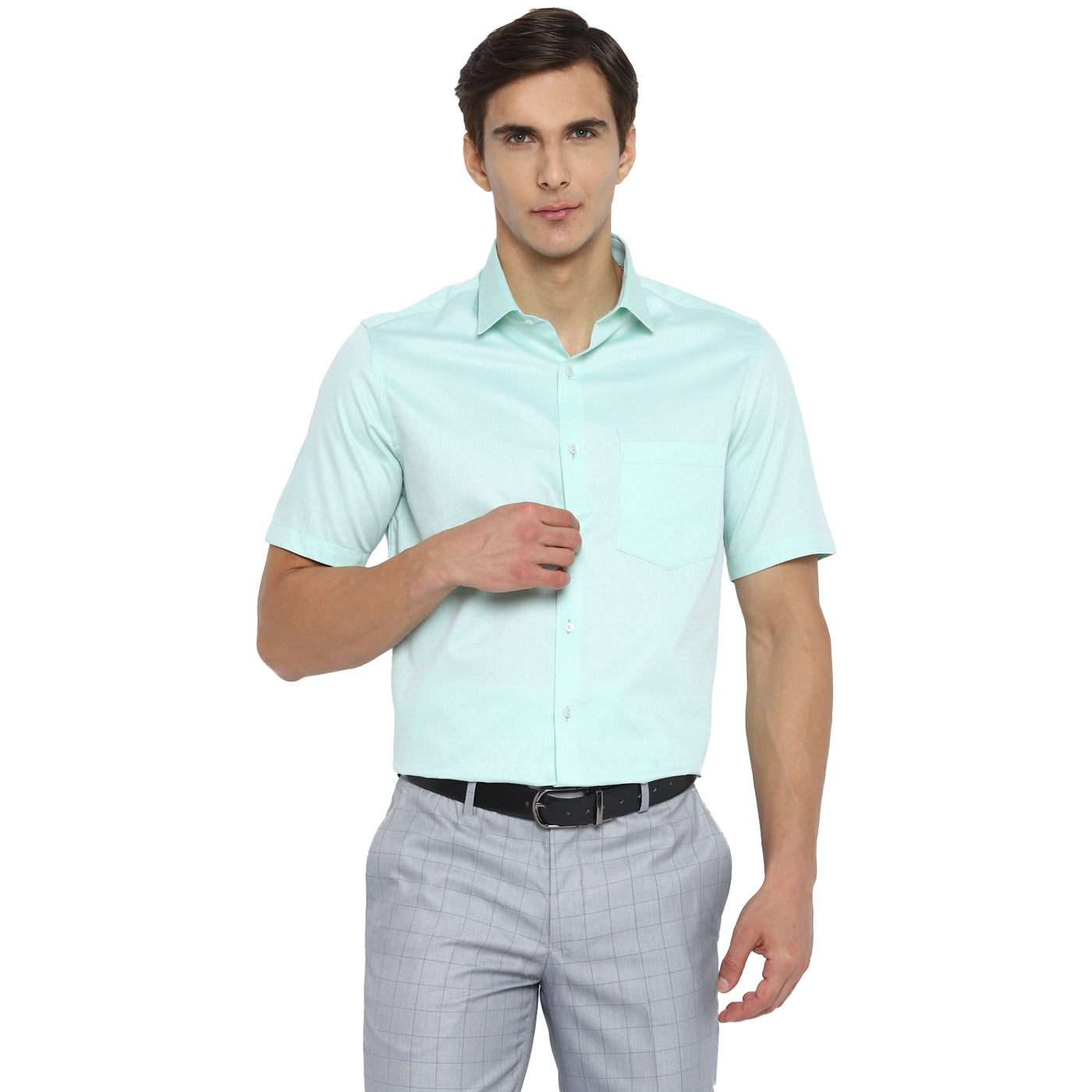 100% Cotton Light Green Dobby Regular Fit Half Sleeve Formal Shirt