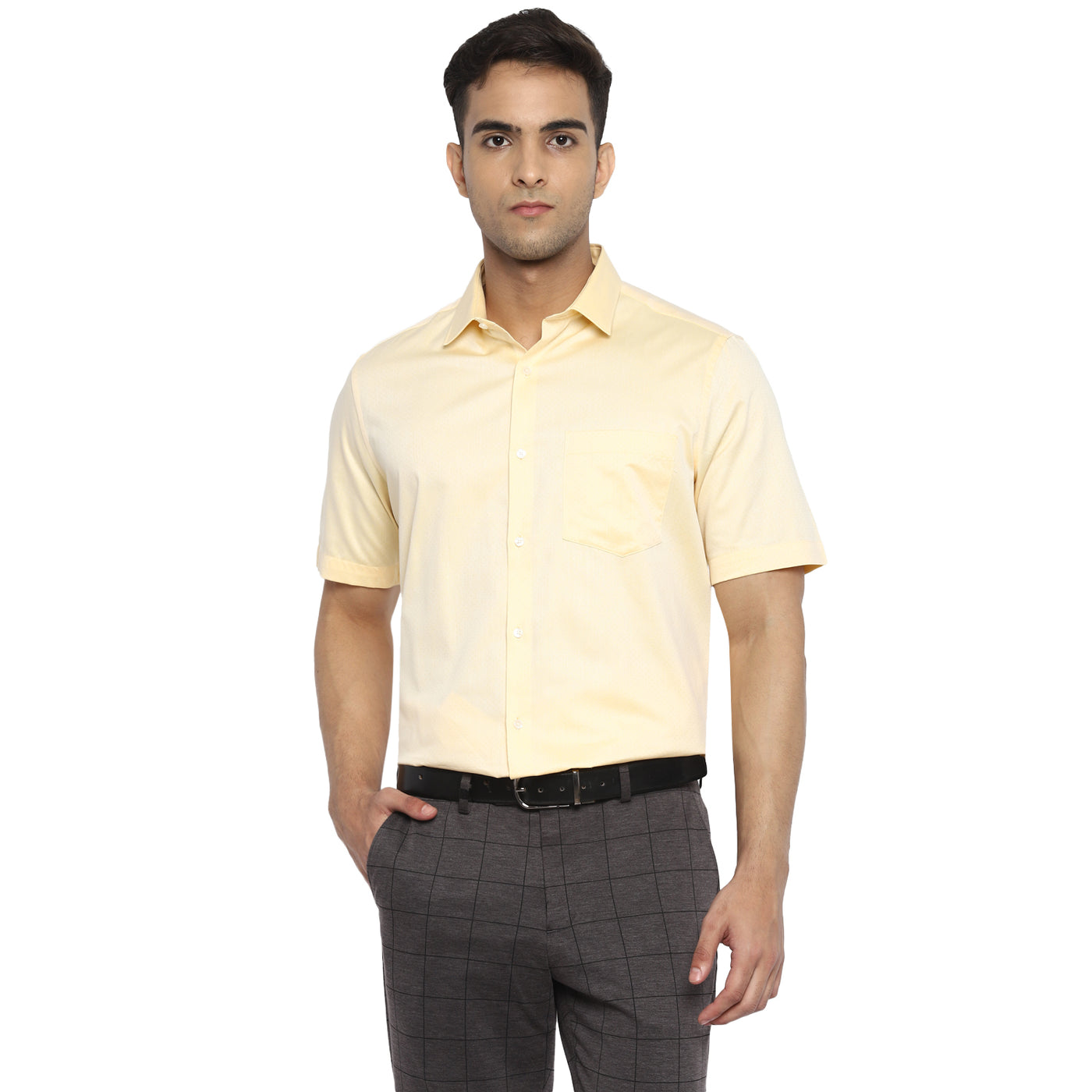 Giza Cotton Light Yellow Dobby Regular Fit Half Sleeve Formal Shirt