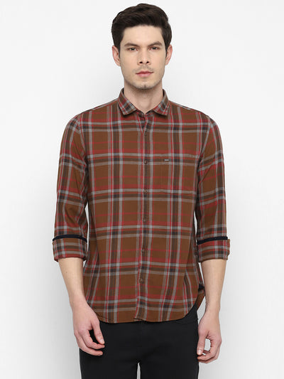 Cotton Melange Brown Checkered Slim Fit Full Sleeve Casual Shirt