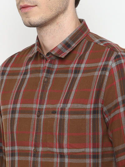 Cotton Melange Brown Checkered Slim Fit Full Sleeve Casual Shirt