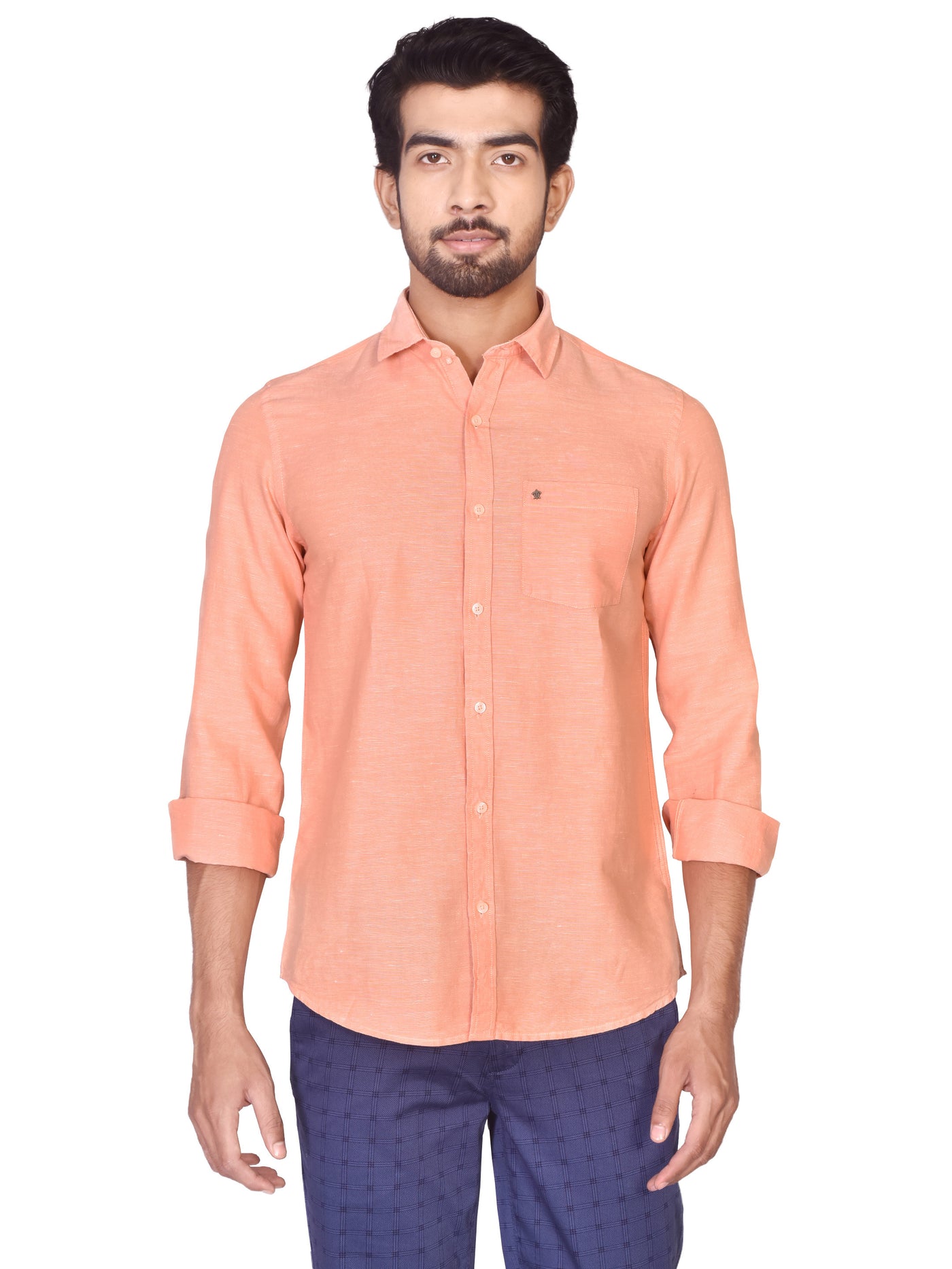 Cotton Linen Peach Plain Slim Fit Full Sleeve Casual Shirt