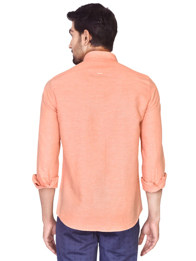 Cotton Linen Peach Plain Slim Fit Full Sleeve Casual Shirt
