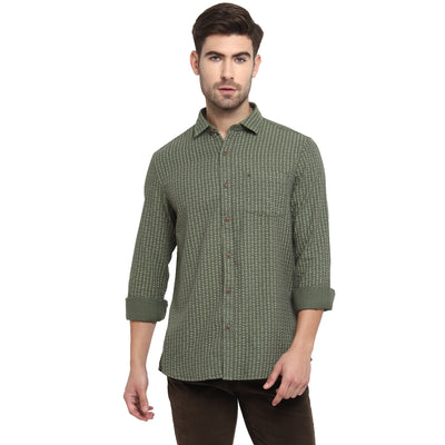 Turtle Men Olive Cotton Blend Printed Slim Fit Casual Shirts