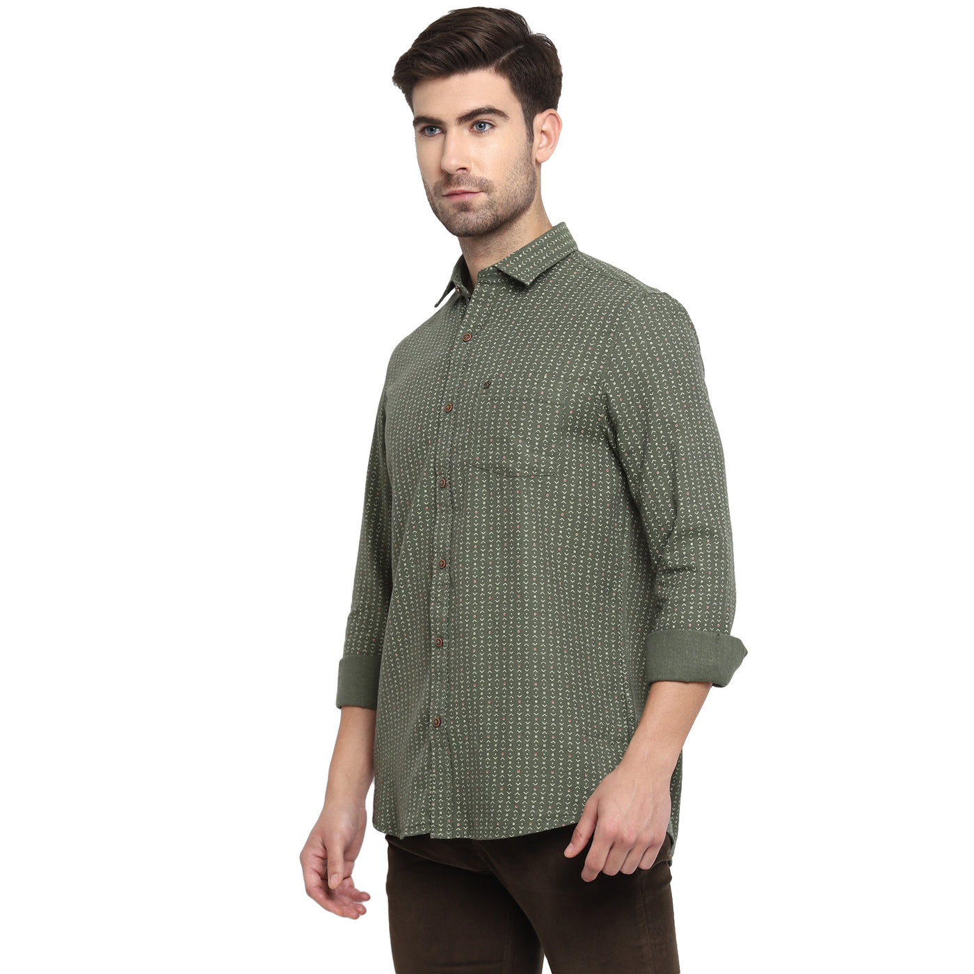 Turtle Men Olive Cotton Blend Printed Slim Fit Casual Shirts