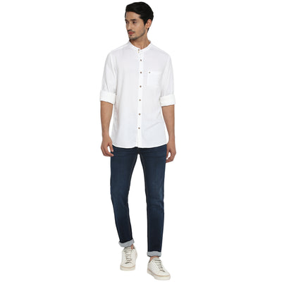 Cotton Lyocell White Plain Slim Fit Full Sleeve Casual Shirt