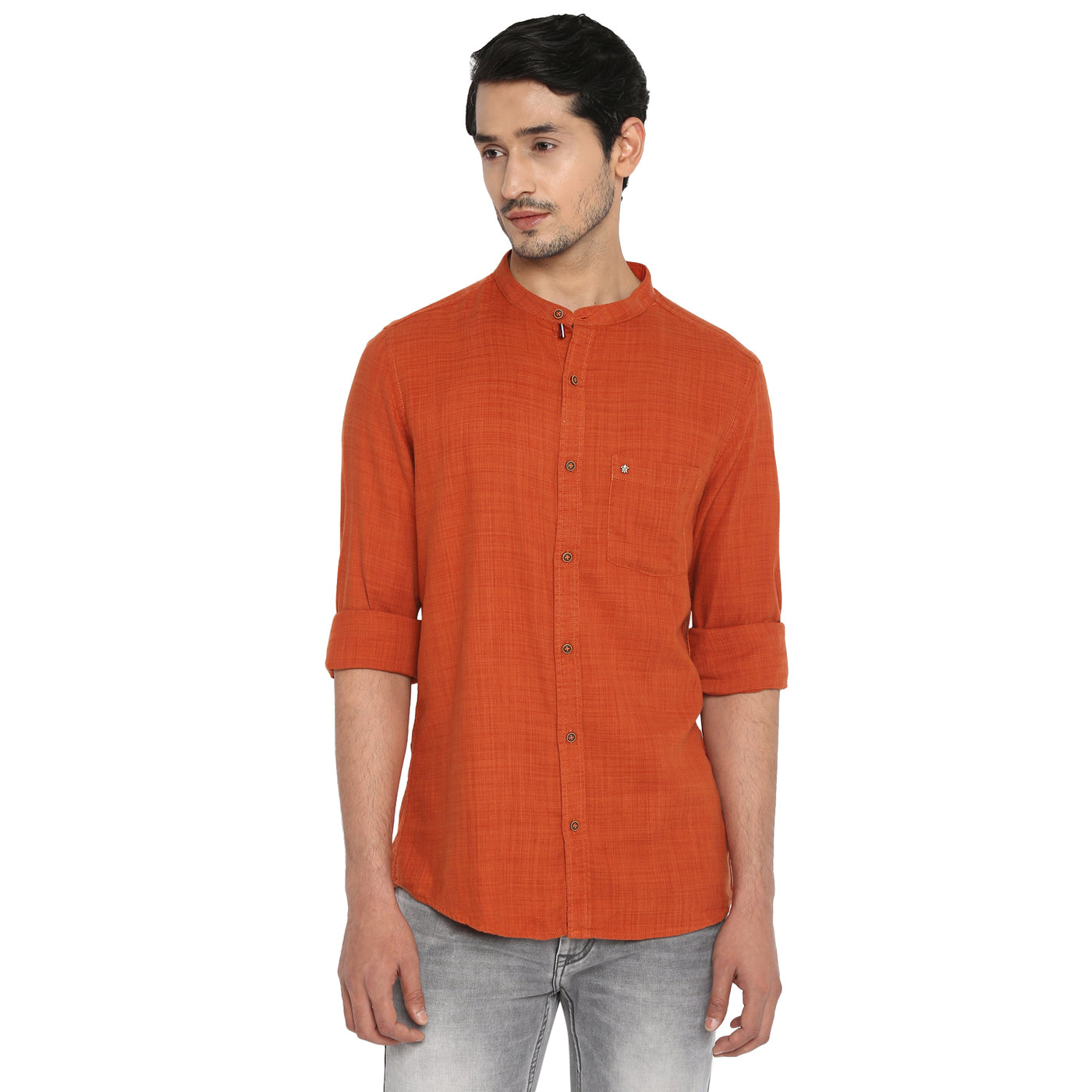 Cotton Lyocell Orange Plain Slim Fit Full Sleeve Casual Shirt