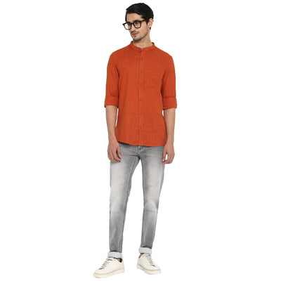 Cotton Lyocell Orange Plain Slim Fit Full Sleeve Casual Shirt