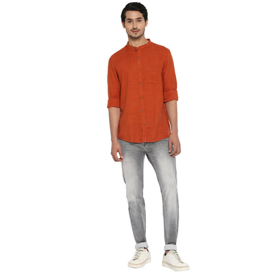 Cotton Lyocell Orange Plain Slim Fit Full Sleeve Casual Shirt