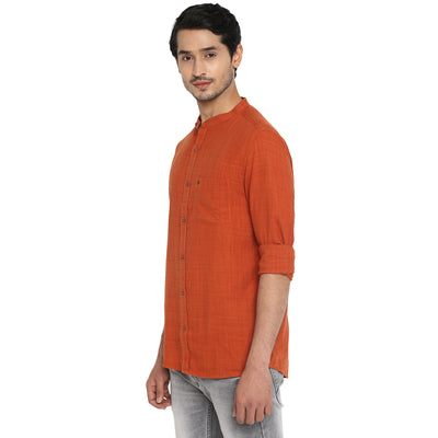 Cotton Lyocell Orange Plain Slim Fit Full Sleeve Casual Shirt